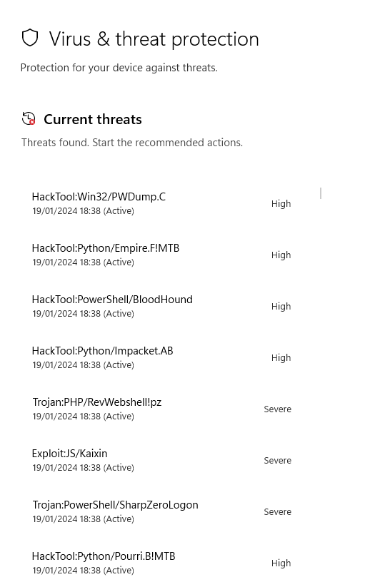 Kali ISO download shows as current threat on Virus and Threat